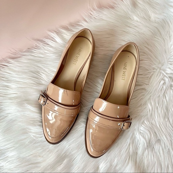 Nine West Shoes - Nine West Hinder Nude Tan Patent Leather Buckle Loafers